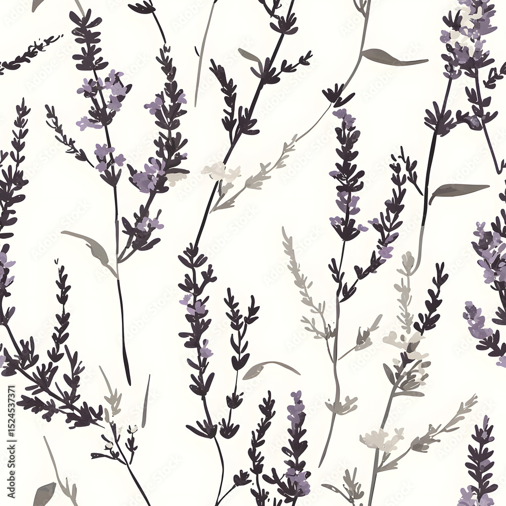Fototapeta premium The image shows a seamless pattern of stylized lavender plants with purple and grey hues on a light background. The design features various plant shapes.