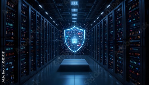Data center with security shield representing cybersecurity protection