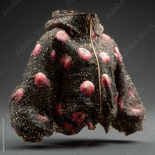 A hooded jacket with a gold zipper, decorated with gold spots and strawberry patterns, stands in a neutral grey setting. The jacket appears to be floating slightly. photo