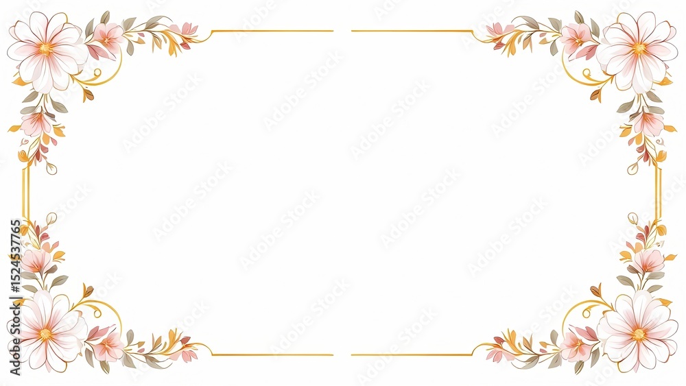 Obraz premium Floral frame with white and pink flowers and gold accents on a white background