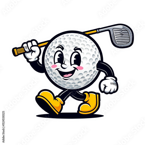 Funny cartoon character in the shape of a golf ball walking with a smile and holding a golf club in a sports comedy style in PNG format