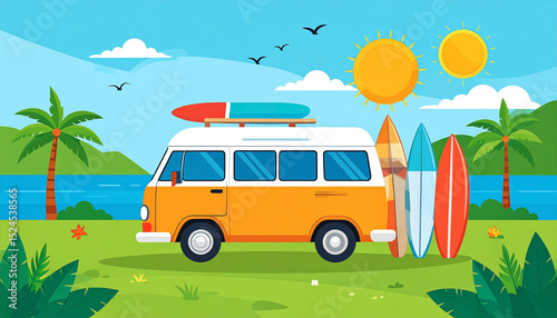 Sunny beach scene with a vintage camper van, surfboards on its roof and beside it, palm trees, and a calm body of water in the background