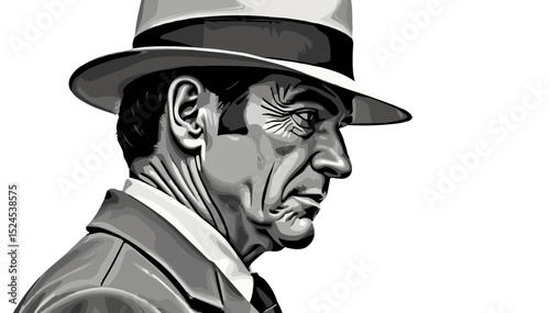 Vintage detective in noir style, grayscale vector portrait, retro mood, mystery and crime concept