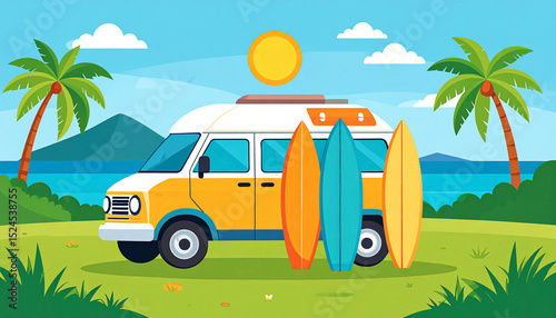 A yellow and white camper van parked on a grassy beach, three surfboards leaning against it, palm trees and a sunny ocean backdrop