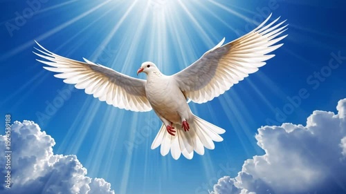 A white dove flying in a bright blue sky with white clouds and sun rays shining through the sky