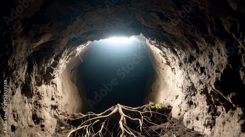 A cavernous underground tunnel with roots blocking the view of bright light at the end, suggestive of discovery or exploration.
