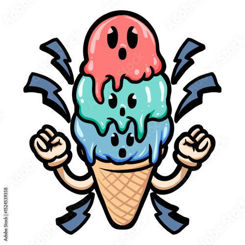 Magical Ice Cream Mascot: An imaginative illustration of a colorful ice cream cone with spooky, cartoonish eyes and expressions, exuding a sense of playful fun and fantastical whimsy. 