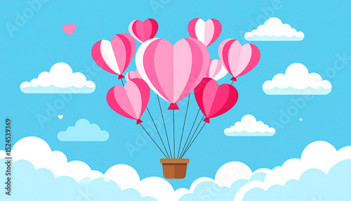 A whimsical hot air balloon crafted from pink and white heart-shaped balloons floats amidst fluffy white clouds on a bright blue sky; small hearts scatter the scene