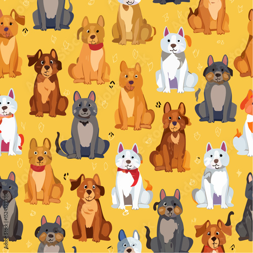 Cheerful dogs of all kinds repeat across a sunny yellow backdrop in a fun, flat cartoon pattern.