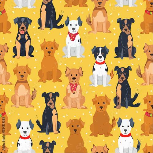 Cheerful dogs of all kinds repeat across a sunny yellow backdrop in a fun, flat cartoon pattern.