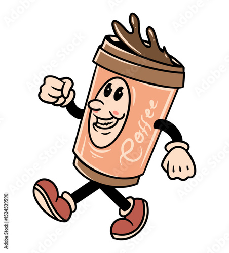 Cheerful Coffee Mascot: A lively coffee cup character, full of energy, takes a brisk stroll, with a charming smile, in a vibrant, animated style. 