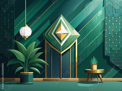 vector of Dark green wall with white gold in the corner and stylish and modern lighting