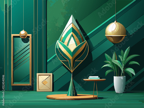 vector of Dark green wall with white gold in the corner and stylish and modern lighting