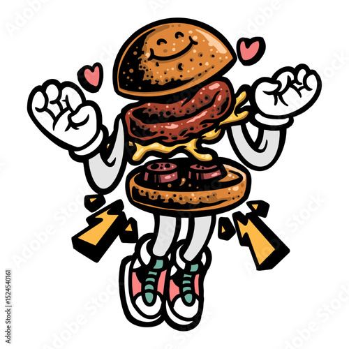 Burger Cartoon in Love: A charming cartoon burger, expressing its love and passion with a cute smile and enthusiastic gestures, epitomizes fun and delightful food. 