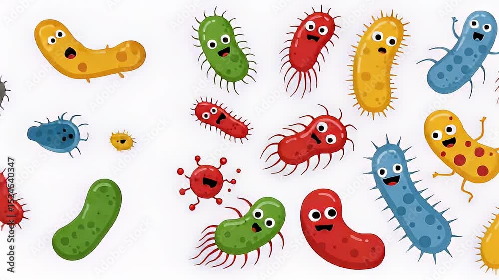 Animated Bacteria Characters Set Against White Background with Red Green Blue and Yellow Color Palettes for Scientific Illustrations