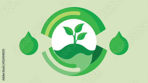 Abstract illustration of a green plant with water drops and arcs in vector format