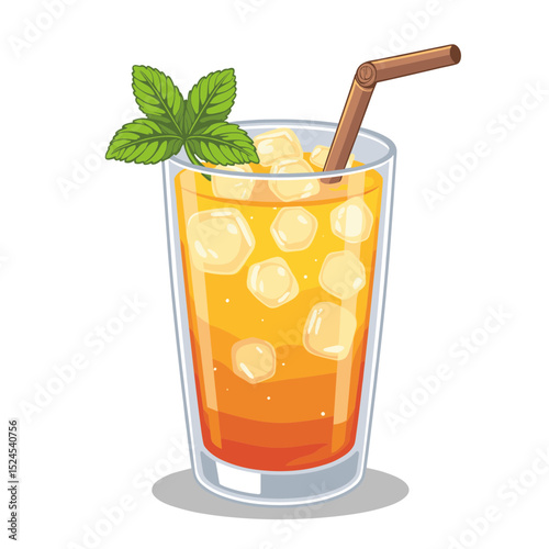 Iced tea glass with mint sprig vector, refreshing drink on transparent background, ideal for summer beverages, culinary presentations