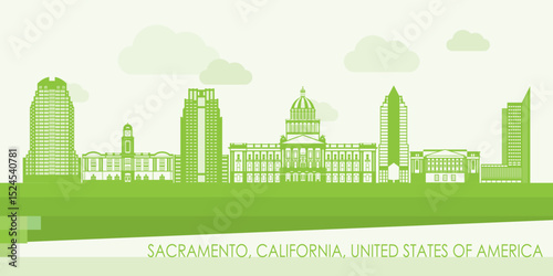 Green Skyline panorama of Sacramento, California, United States - vector illustration