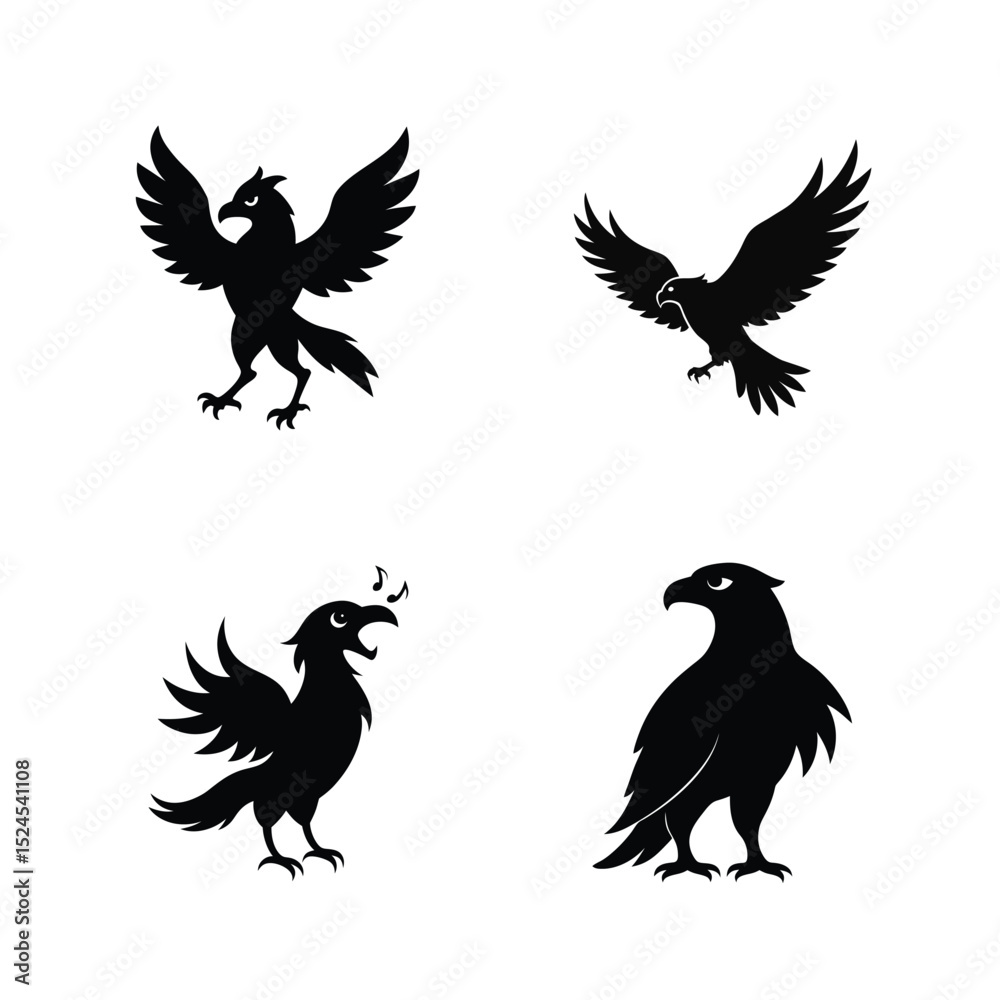Fototapeta premium Eagle bird silhouette set showing soaring and perched raptor bird styles vector illustration.