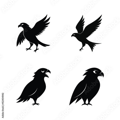 Falcon bird silhouette set showing fast flying raptor styles in action vector illustration.
