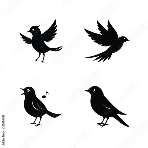 Flycatcher bird silhouette set with insect catching bird forms in motion vector illustration.