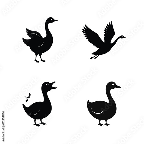 Goose bird silhouette set featuring waterfowl in various action and rest views vector illustration.