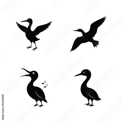 Gannet bird silhouette set featuring sea diving birds in flight and perched vector illustration.