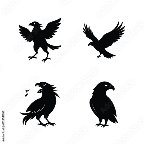 Hawk bird silhouette set featuring hunting raptor in detailed flight and perch poses vector illustration.