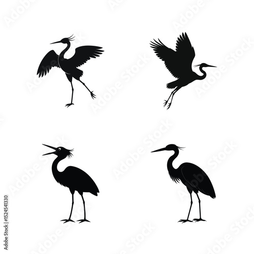 Heron bird silhouette set with long legged wading birds in calm and hunting positions vector illustration.