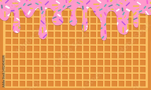 Flowing strawberry with rainbow sprinkles on wafer texture. Ice cream melted background with waffle or wafer.
