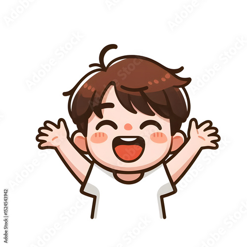 A minimal cartoon boy with a wide smile and raised hands, excited and joyful, clean white background