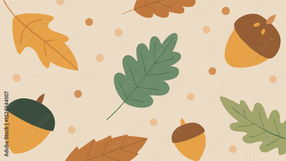 Autumnal illustration with leaves and acorns in a minimalist design for various projects