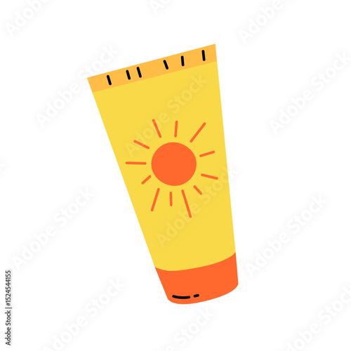 Sunscreen tube isolated vector element. Sun cream spf in package. Protection of skin in summer from solar ultraviolet light. Cute illustration of sunblock, flat and doodle, on white background
