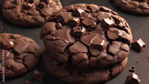 Close-up texture of rich double chocolate cookies with melted chunks and cracked surface, in warm, moody lighting.