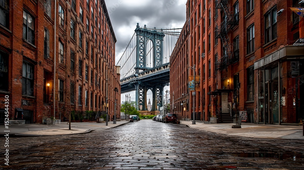 Fototapeta premium Manhattan Bridge Viewed from Cobblestone Street Between Red Brick Buildings
