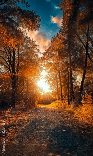 Autumn forest path sunlight