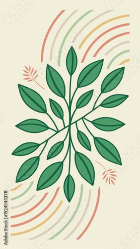 Botanical illustration of green leaves and decorative arcs with transparency for design