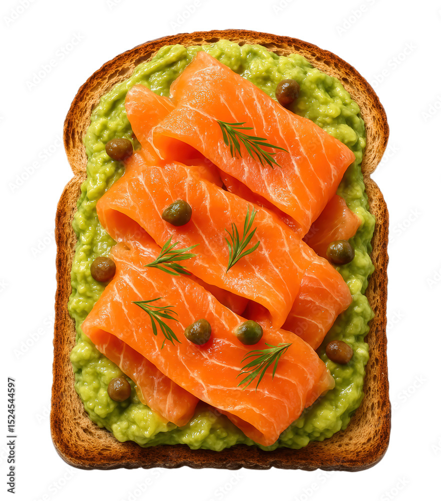 Delicious Open-Faced Avocado Toast Topped with Fresh Salmon Fillets and Capers, Garnished with Dill, Isolated on Transparent and White Background Delicious Open-Faced Avocado Toast Topped with Fresh Salmon Fillets and Capers, Garnished with Dill, Isolated on Transparent and White Background