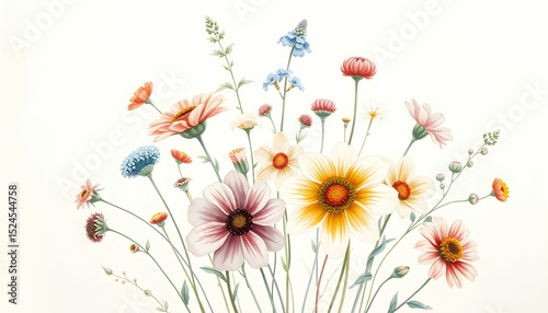 Watercolor Painting of a Vibrant Wildflower Bouquet Delicate Blooms and Soft Hues