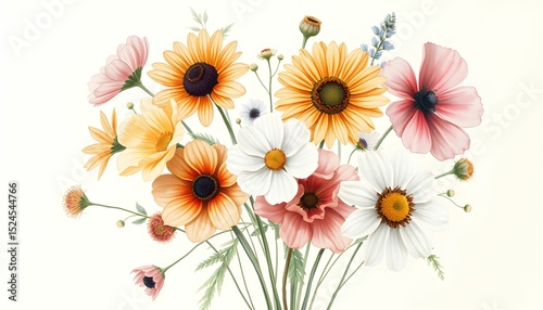 Vibrant Watercolor Bouquet of Summer Flowers Daisies, Sunflowers, and Cosmos