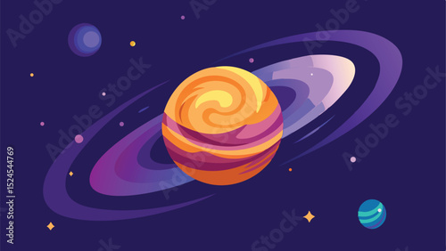Colorful illustration of a planet with rings and other celestial objects in outer space