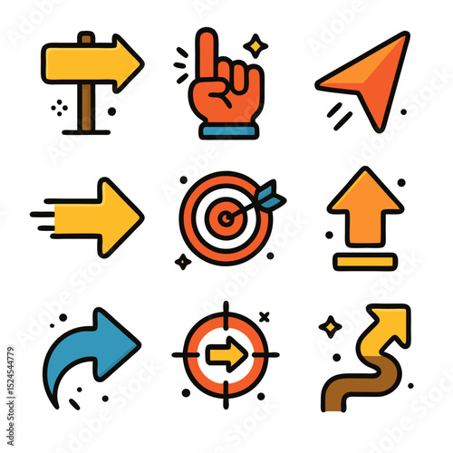 Arrow nine colorful direction and target icons guide your path.