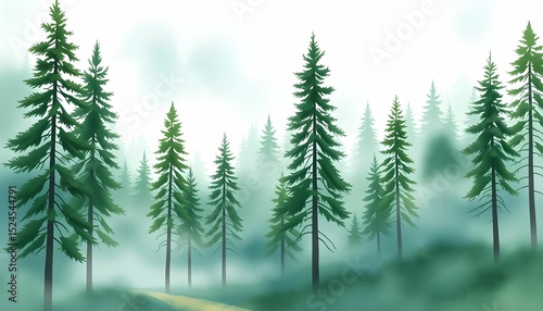Misty Evergreen Forest Path A Serene Digital Painting