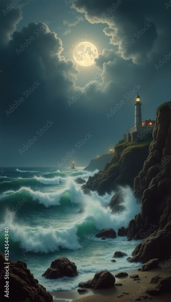 Fototapeta premium Dramatic seascape at night with a lighthouse under a full moon.