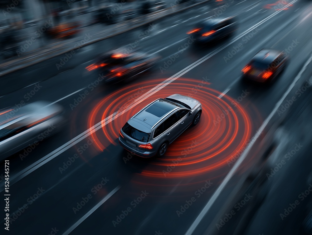 Fototapeta premium Silver SUV with Active Sensor Display on Highway at Night