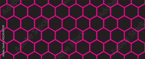 Dark hexagon abstract technology background pink colored bright flashes under hexagon. Hexagonal gaming vector tech illustration black abstract background.