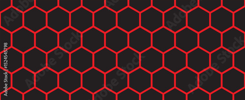 Dark hexagon abstract technology background red colored bright flashes under hexagon. Hexagonal gaming vector tech illustration black abstract background.