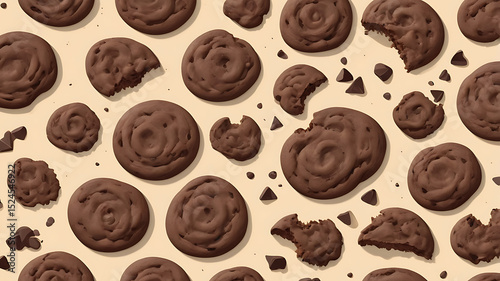 Chocolate cookie dough with embedded chips, raw texture with visible swirls and grains, perfect for baking-themed designs.