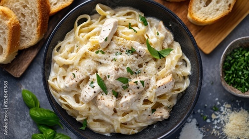 Delicious fettuccine alfredo with grilled chicken and basil, rustic presentation