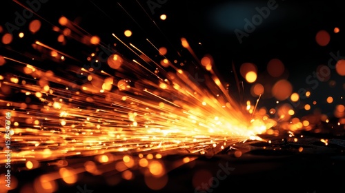 Glowing metal sparks in motion, a dance of fiery particles. Industrial energy transformed into abstract art.
